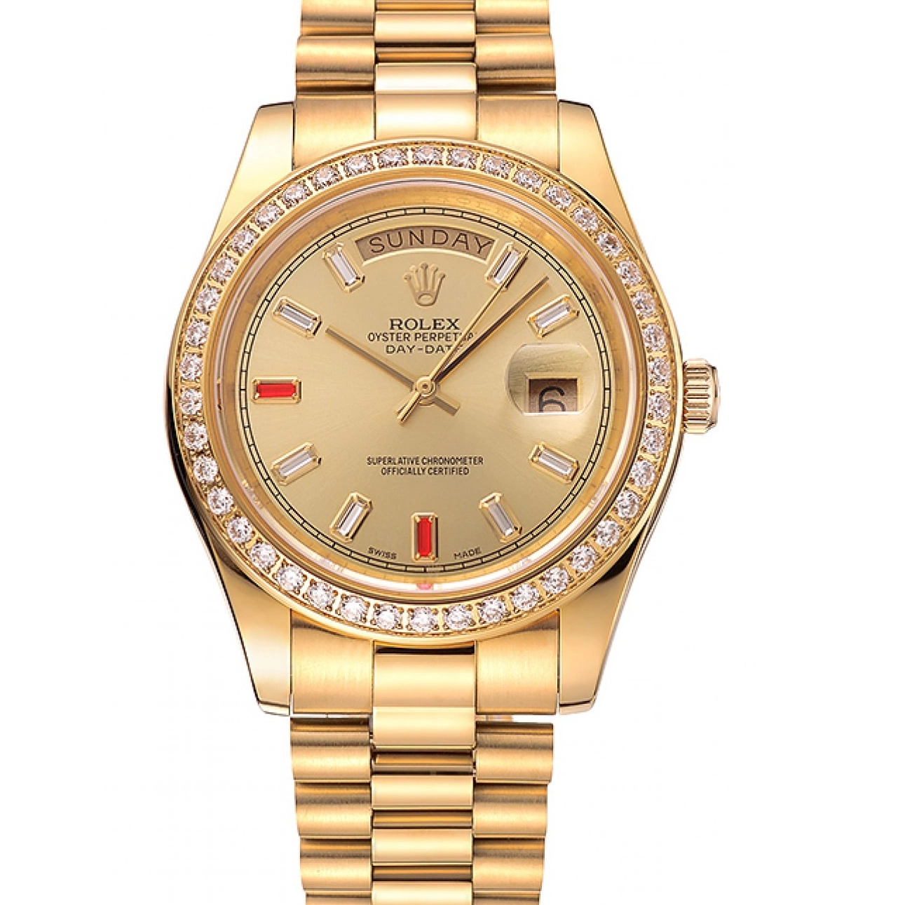Aaa replica watch Swiss 1454100 And Champagne Bracelet Diamonds Dial Rubies Rolex Day-Date Gold 0709